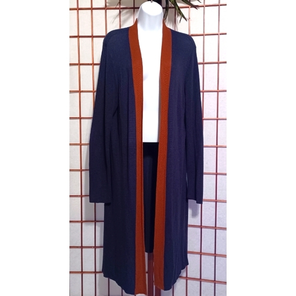 Eileen Fisher Slit Side Tencel/Silk-Blend Long Cardigan - Navy Blue/Brown - Picture 4 of 16